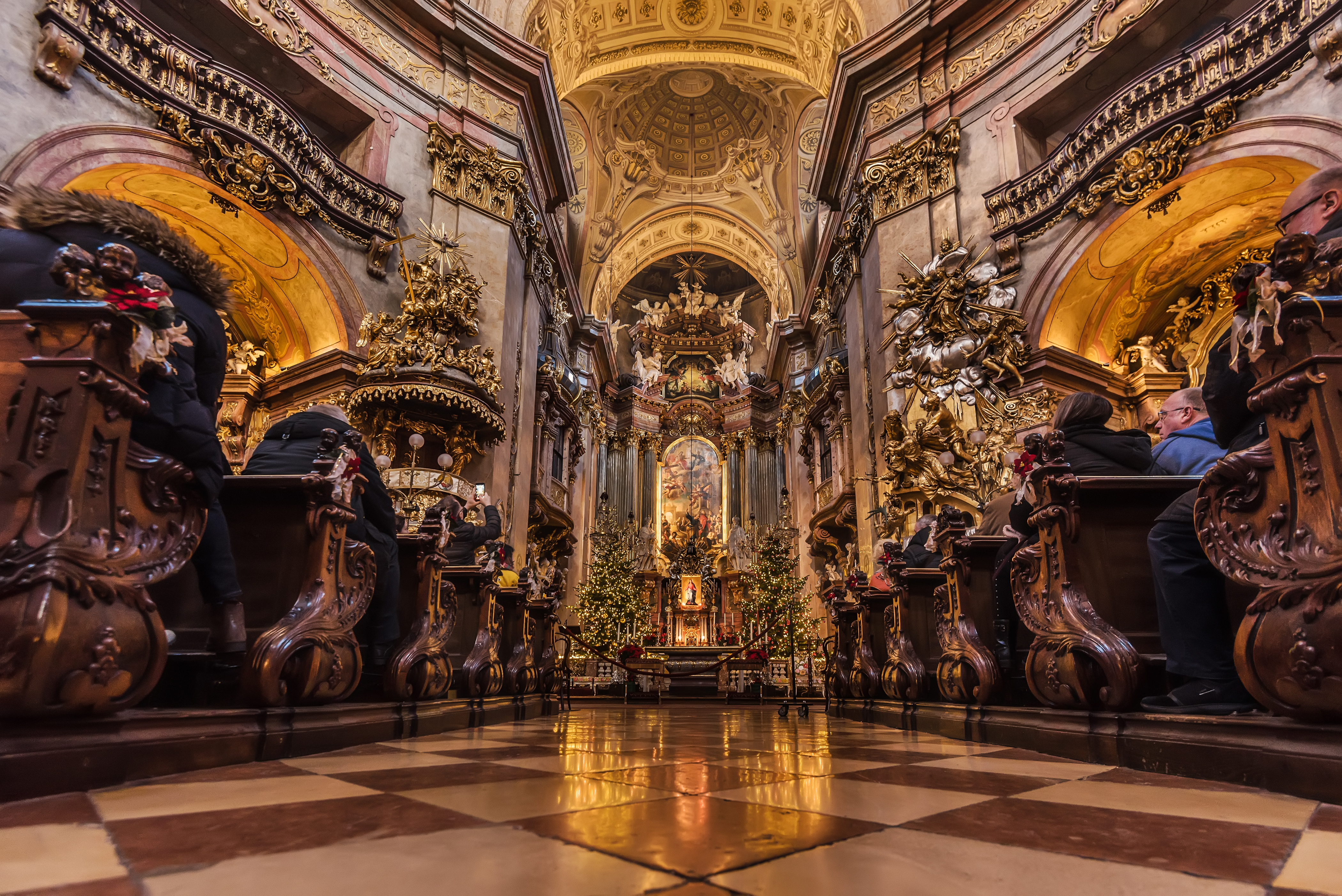 Interior of St. Peter's Church or Peterskirche with Christmas decoration.Vienna, Austria.